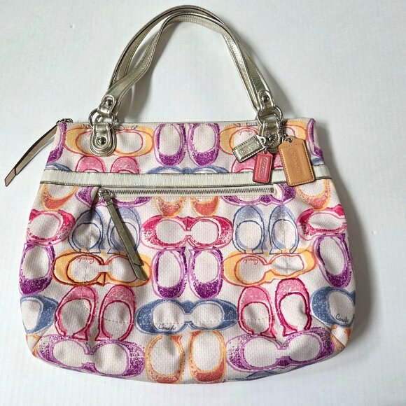 Coach Purse Poppy Dream Signature C Glam Multicolor White Canvas Tote Bag 19023 - Picture 2 of 14